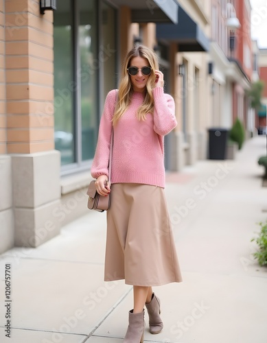 Stylish Woman in Pink Sweater and Midi Skirt Walking Outdoors Autumn Fashion