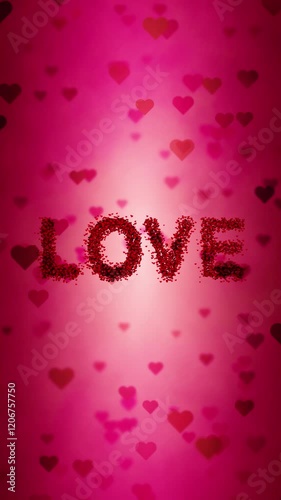 Loop love word with hearts animation on red vertical background. Valentine's day holidays greeting card.