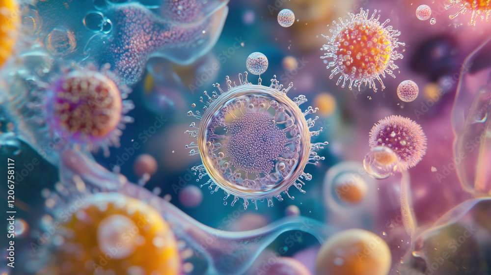 Macro close-up of colorful bacteria colonies and virus cells under a microscope in a scientific petri dish Macro close-up of colorful bacteria colonies and virus cells under a microscope in a scientific petri dish