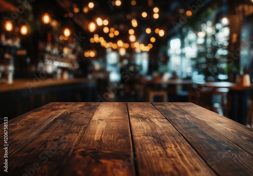 Empty wooden table in blurry restaurant background.