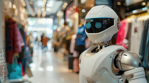 Wallpaper Mural Robot assistant in a modern shopping mall amidst clothing displays. Torontodigital.ca