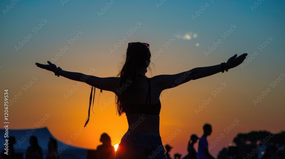 Silhouette of a person with outstretched arms against a vibrant sunset backdrop.