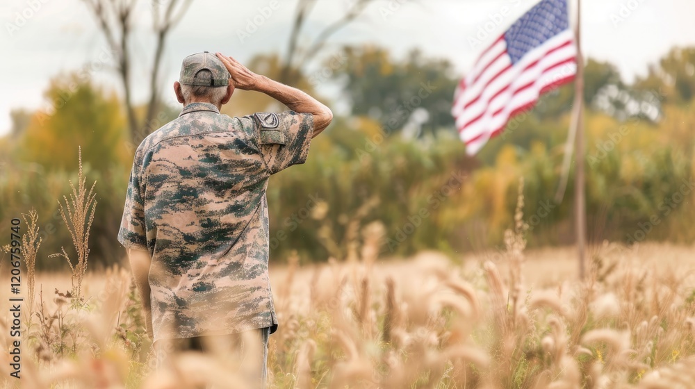 A soldier saluting in a field with an American flag in the background.