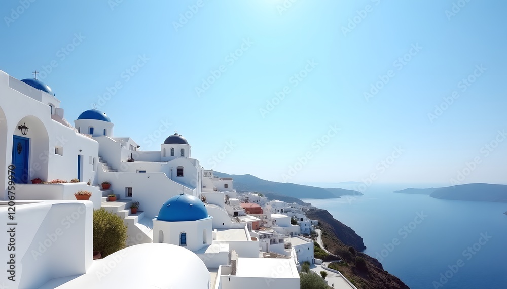 Fototapeta premium Stunning Santorini Greece Seascape Whitewashed Churches Aegean Sea View
