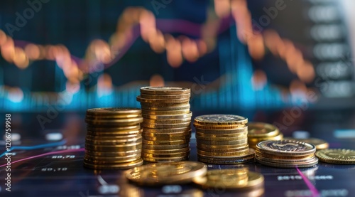 Stacks of coins on a financial chart background representing investment and wealth.