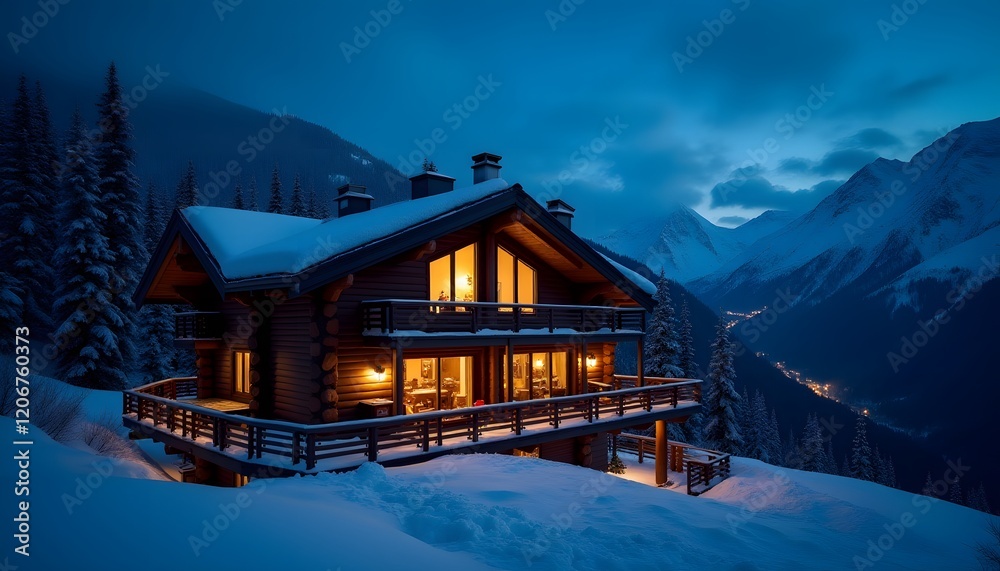 Fototapeta premium Luxurious Mountain Chalet at Night Snowy Landscape Winter Wonderland