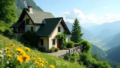 Wallpaper Mural Charming Mountain Cottage Alpine Valley View Green Roof Flowers Torontodigital.ca