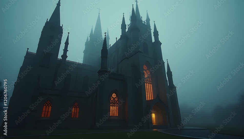 Obraz premium Mysterious Gothic Cathedral in Foggy Twilight Illuminated Windows Architectural Detail