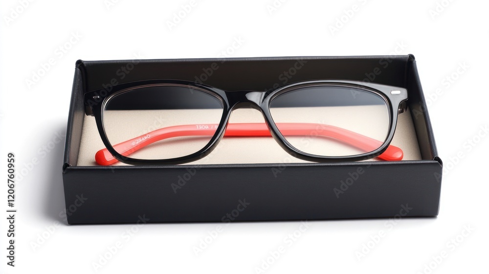 A pair of stylish black glasses with red accents in a sleek black box. A pair of stylish black glasses with red accents in a sleek black box.