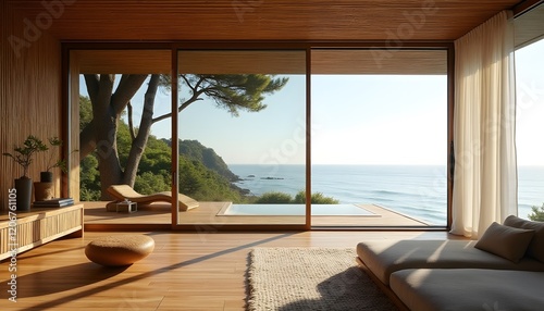 Stunning Ocean View Modern Home Interior Design with Sliding Glass Doors and Minimalist Decor
