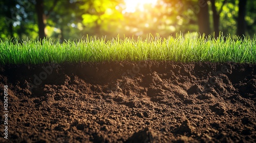 Vibrant grass growing over rich soil layers.