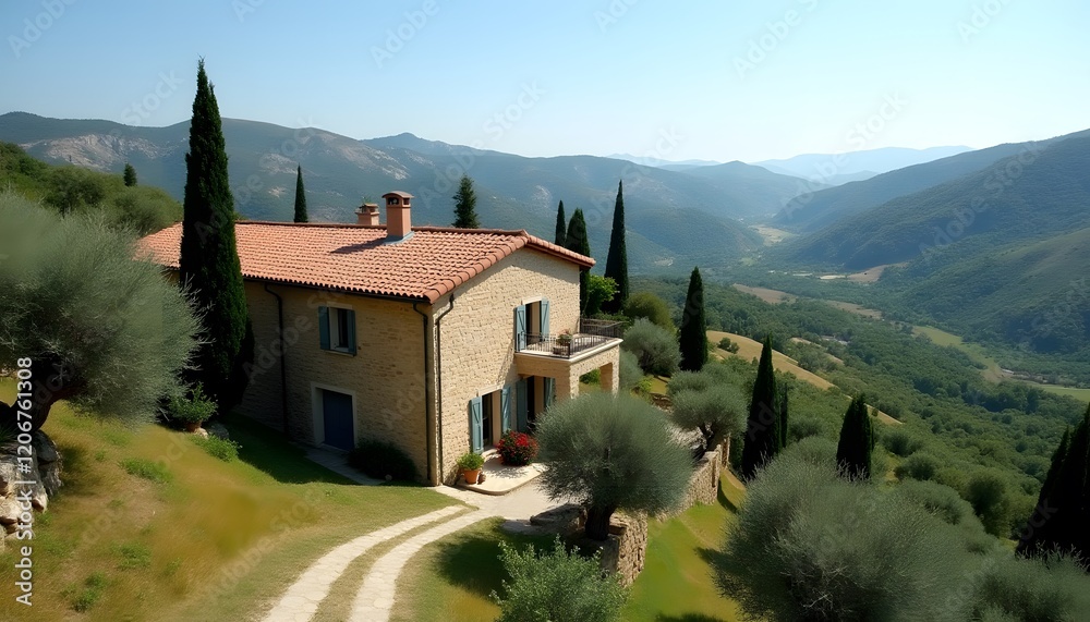 Mediterranean Stone Villa with Panoramic Mountain View Cypress Trees and Olive Groves Mediterranean Stone Villa with Panoramic Mountain View Cypress Trees and Olive Groves