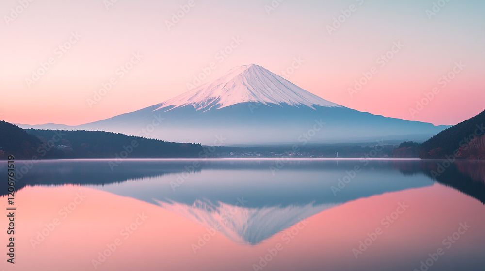 Snow-capped mountain reflects in calm lake at sunrise near peaceful landscape