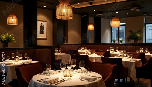 Elegant Restaurant Interior Fine Dining Setting Tables Set for Dinner Warm Lighting Modern Design