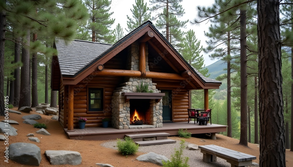 Naklejka premium Cozy Log Cabin Retreat in Majestic Pine Forest with Fireplace