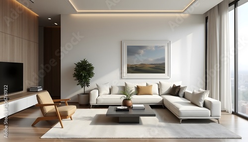 Modern Minimalist Living Room Interior Design with L Shaped Sofa and Large Window