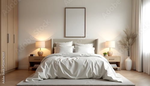 Modern Minimalist Bedroom Interior Design Beige and White Bedding Mockup Frame