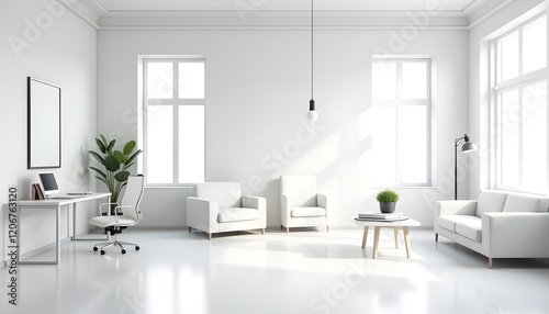 Modern Minimalist White Office Interior Design Bright Room with Desk Chairs and Sofa