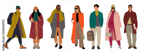 A group of people are dressed in various coats and scarves, with one person holding a backpack. Concept of fashion and style, with each person standing out in their unique outfit