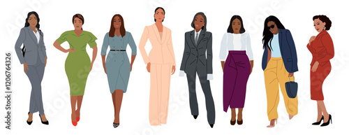 A group of different women in business attire. Flat colorful vector illustration isolated on transparent background