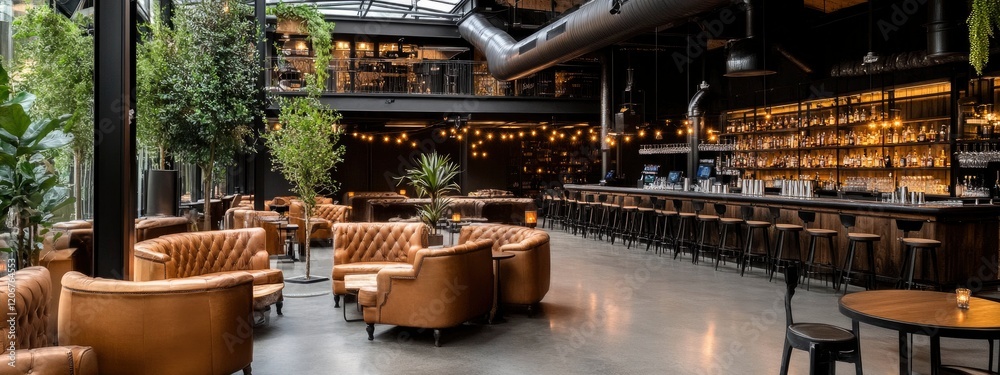 Luxurious and modern bar interior featuring leather seating, ambient lighting, and a stylish atmosphere for social gatherings Luxurious and modern bar interior featuring leather seating, ambient lighting, and a stylish atmosphere for social gatherings