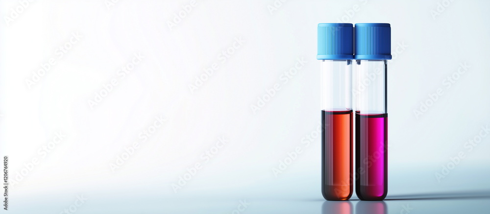 Two transparent test tubes used in scientific experiments contain liquid and are placed side by side. Copy space, isolated on a white background. Two transparent test tubes used in scientific experiments contain liquid and are placed side by side. Copy space, isolated on a white background.