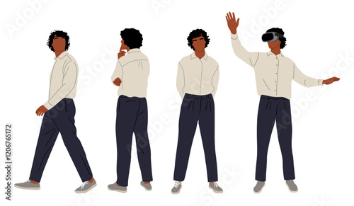 Casual business man character in different poses, front, side, rear view, wearing virtual reality headset. Flat vector colorful illustration isolated on transparent background