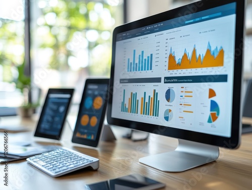 Keen digital marketer focused on optimizing ad performance, multiple devices showing analytics, vibrant office setting, copy space for datadriven digital marketing approaches