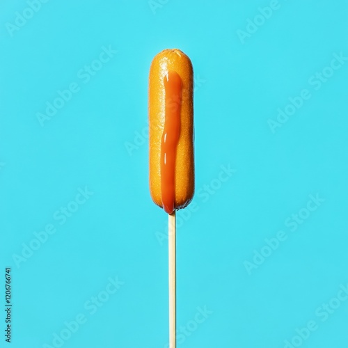 Bright Blue Backdrop Trends Crispy Corn Dog with Ketchup Drizzle - National Corn Dog Day and Spring Fair Decor for Modern Culinary Marketing photo