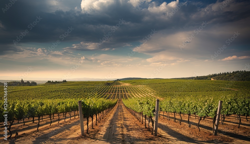 Fototapeta premium A vast vineyard with neatly aligned rows of grapevines stretching into the horizon