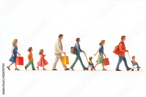 A side view of a family enjoying a shopping trip, with several plastic figures of various ages standing in a line and walking, holding shopping bags. Isolated on white background.