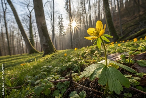 yellow winter aconite flower in beautiful forest with sunlight
