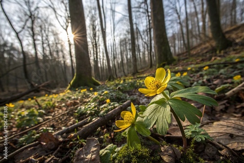 yellow winter aconite flower in beautiful forest with sunlight