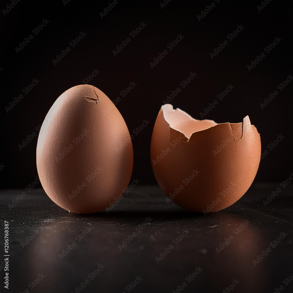 A brown egg that has a broken egg on it A brown egg that has a broken egg on it