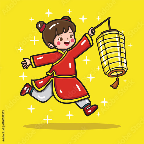 A Happy girl running while bringing a yellow Chinese lantern to celebrate Chinese new year