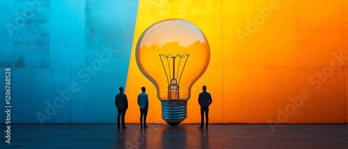 Three silhouettes inside a giant light bulb, set against a striking blue and yellow splitcolor background, symbolizing creativity and teamwork, high detail, 8K resolution photo