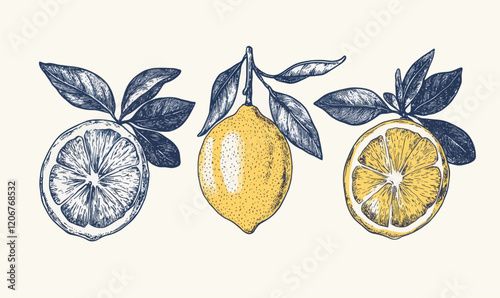 Vintage Hand Drawn Lemon Fruits Illustration Set for Posters and Packaging Design