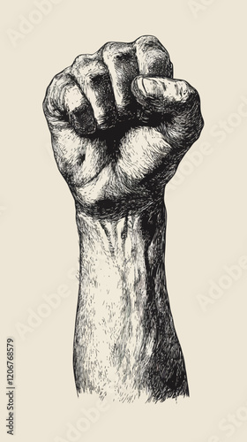 Vintage Ink Drawing of Raised Fist Symbolizing Protest and Revolution Power