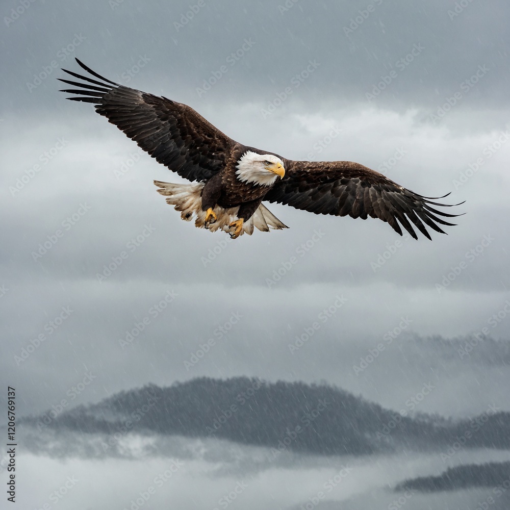 An eagle flying in a stormy wind, but the background remains pure white. An eagle flying in a stormy wind, but the background remains pure white.
