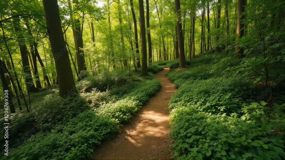 Sunlit Forest Path Winding Through Lush Green Undergrowth Sunlit Forest Path Winding Through Lush Green Undergrowth