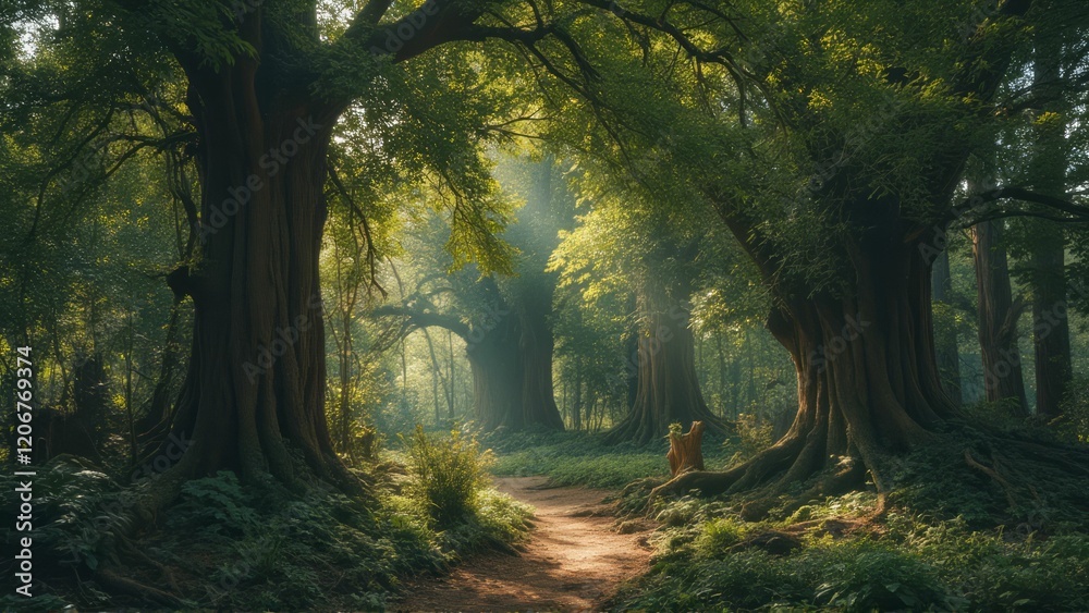 Obraz premium Sunlit Path Through Ancient Forest Canopy