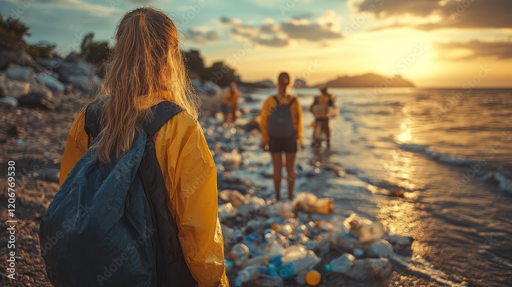 Fototapeta premium Sunset Beach Cleanup: Volunteers gather plastic waste at the beach during sunset.