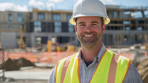 Construction equipment operator smiling into the camera, blurred construction site background, Shortage of skilled workers in construction