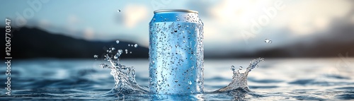 Soda can mockup with water splash, isolated on solid background, highquality design, fresh and clean look, ample copy space for text, photorealistic detail photo