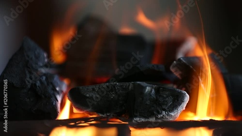 Burning charcoal in the fireplace, close-up of firewood