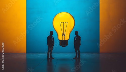 Teamwork and creativity visualization, three silhouettes in a giant light bulb, set against a bold blue and yellow splitcolor background, hightech modern aesthetic photo