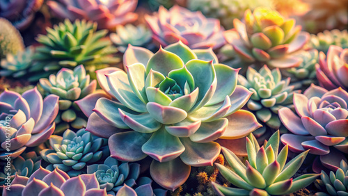 Lush succulents in soft light create dreamy, peaceful atmosphere