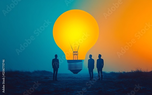 Three silhouettes in a giant light bulb, splitcolor blue and yellow background, symbolizing creative collaboration and teamwork, futuristic design, 8K quality photo