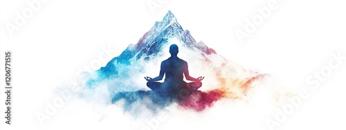 A serene silhouette of a meditating person against a majestic mountain landscape, embodying peace and tranquility in nature