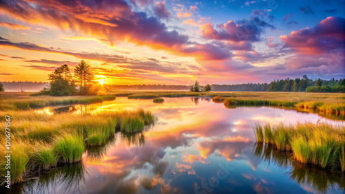 Breathtaking sunset over calm waters, reflecting vibrant colors and lush greenery